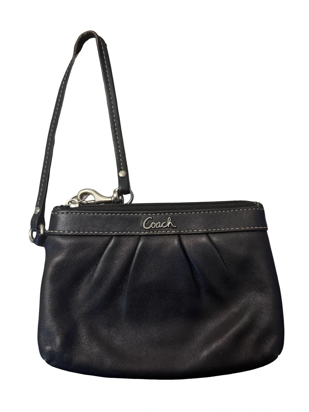Coach Black Leather Wristlet with Signature Script Logo